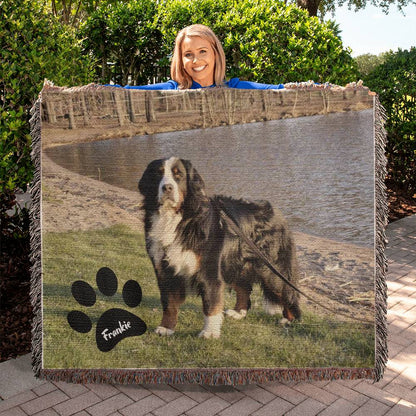 Custom Dog Photo and Name Heirloom Personalized Woven Blanket (Landscape) - Lovely Woof