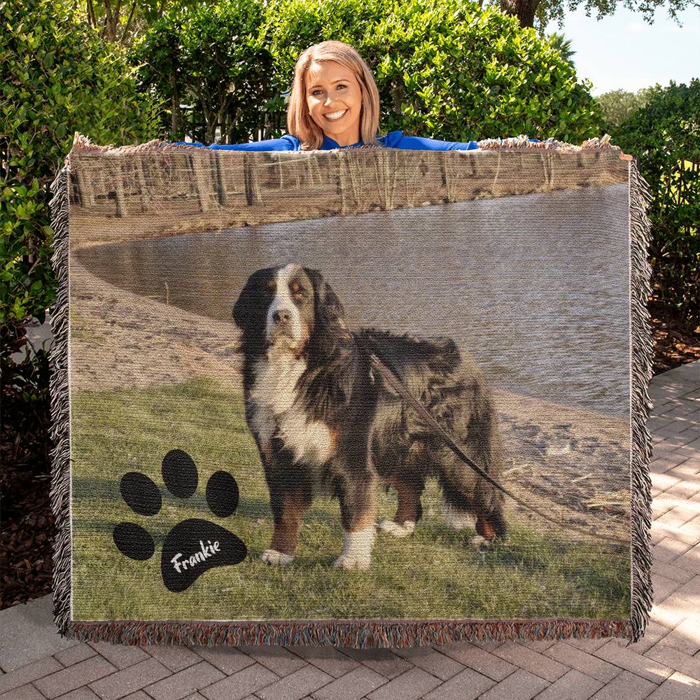 Custom Dog Photo and Name Heirloom Personalized Woven Blanket (Landscape)