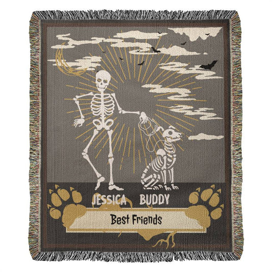 Skeleton Walking a Dog Personalized Best Friends Heirloom Woven Blanket