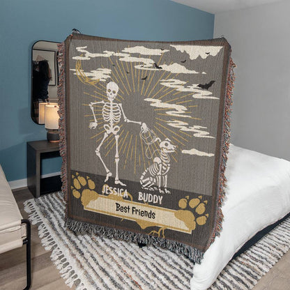 Skeleton Walking a Dog Personalized Best Friends Heirloom Woven Blanket